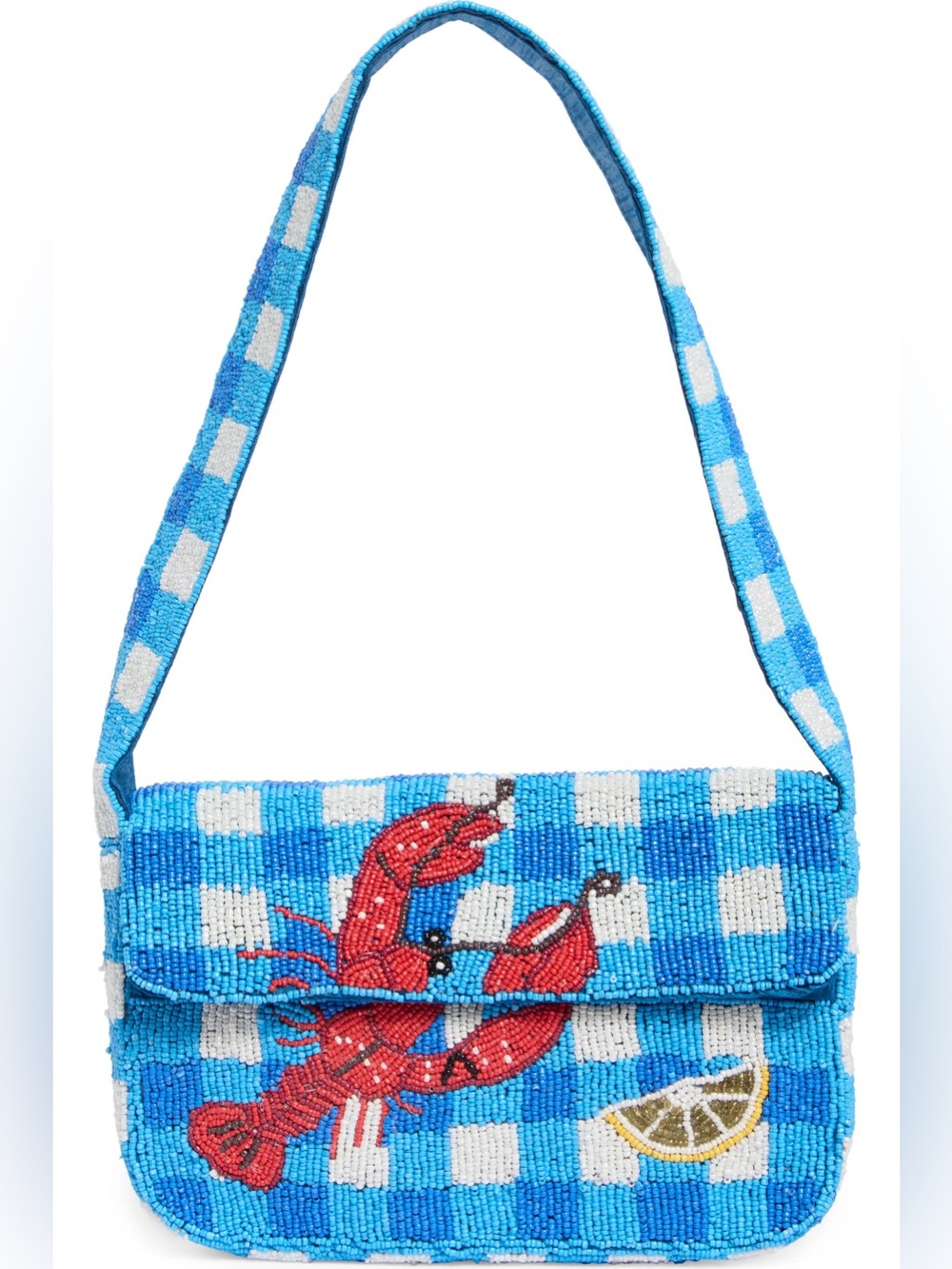 sol and mer Blue and White Beaded Shoulder Bag with Red Lobster Motif